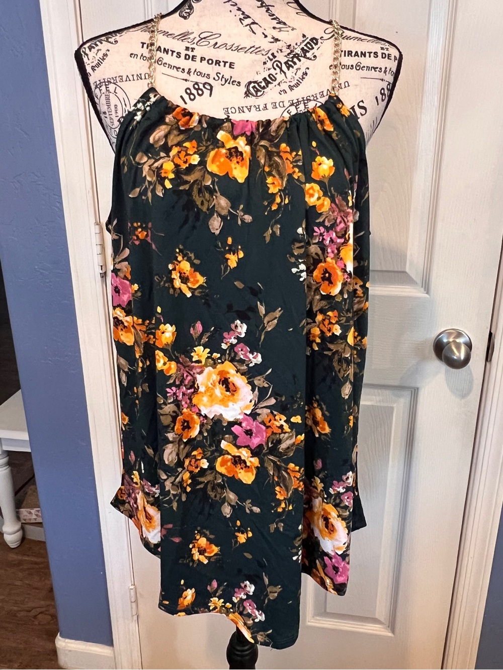 Top Fashion of NY Floral Chain Strap Camisole Tunic Dark Green plus size 2X